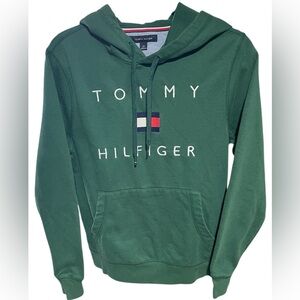 Tommy Hilfiger Hoodie Men's Small Pullover Sweatshirt Green Logo Flag - EUC